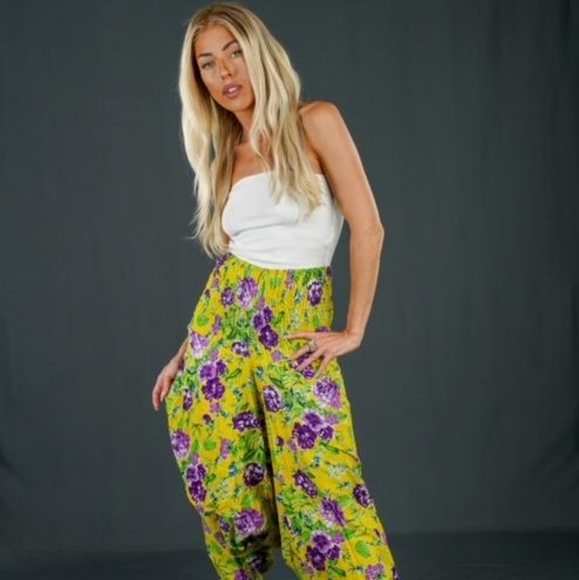 Brand New Hippie Yellow & Purple Floral Print Harem Pants - Picture 3 of 3